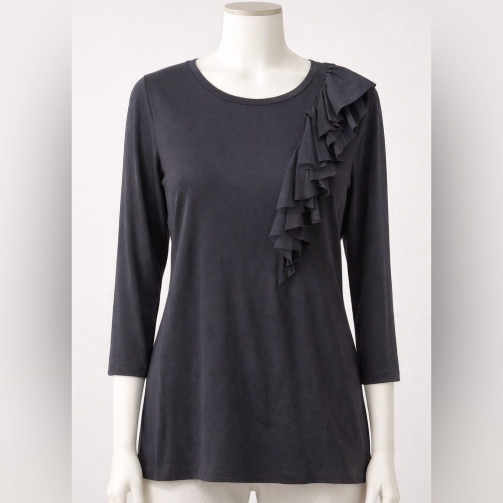 Adrienne Vittadini Studio Charcoal Ruffle Shoulder Long Sleeve Top Size S